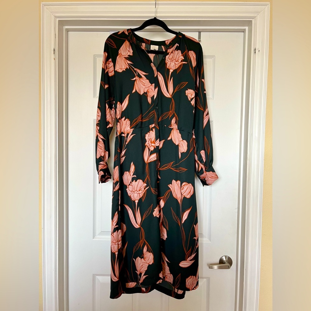 A New Day Pink & Green Floral Midi Button-down Dress. Size large.